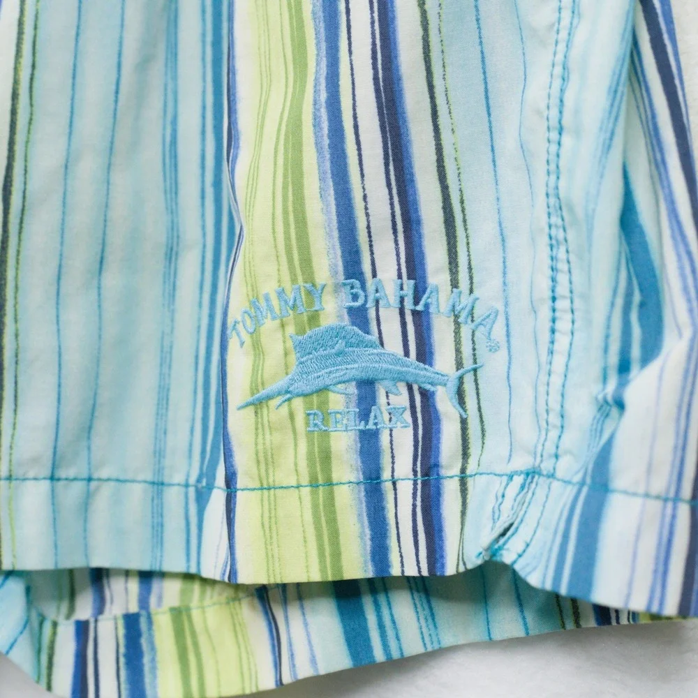 TOMMY BAHAMA Striped Mesh Lined Swim Trunks Cargo Pocket Blue‎ Green Sz XL
